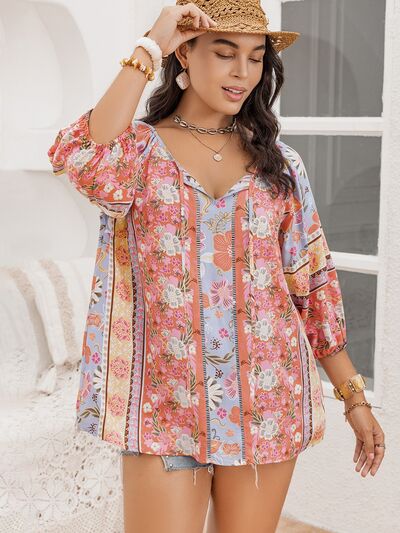 Plus Size Printed Tie Neck Balloon Sleeve Blouse [Spirit and Rebel] Multicolor 0XL 