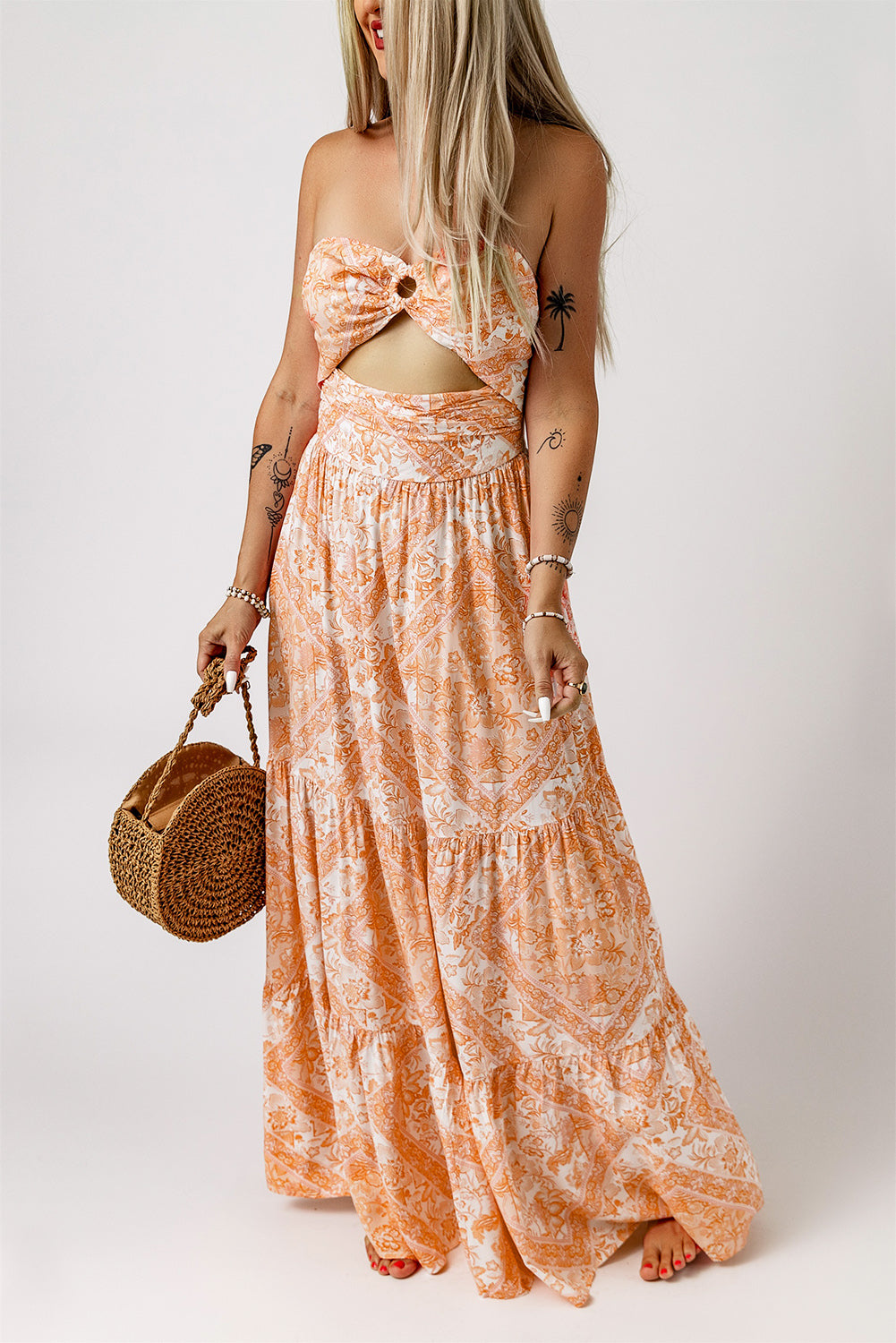 Floral Strapless Sweetheart Neck Cutout Boho Dress [Spirit and Rebel]   