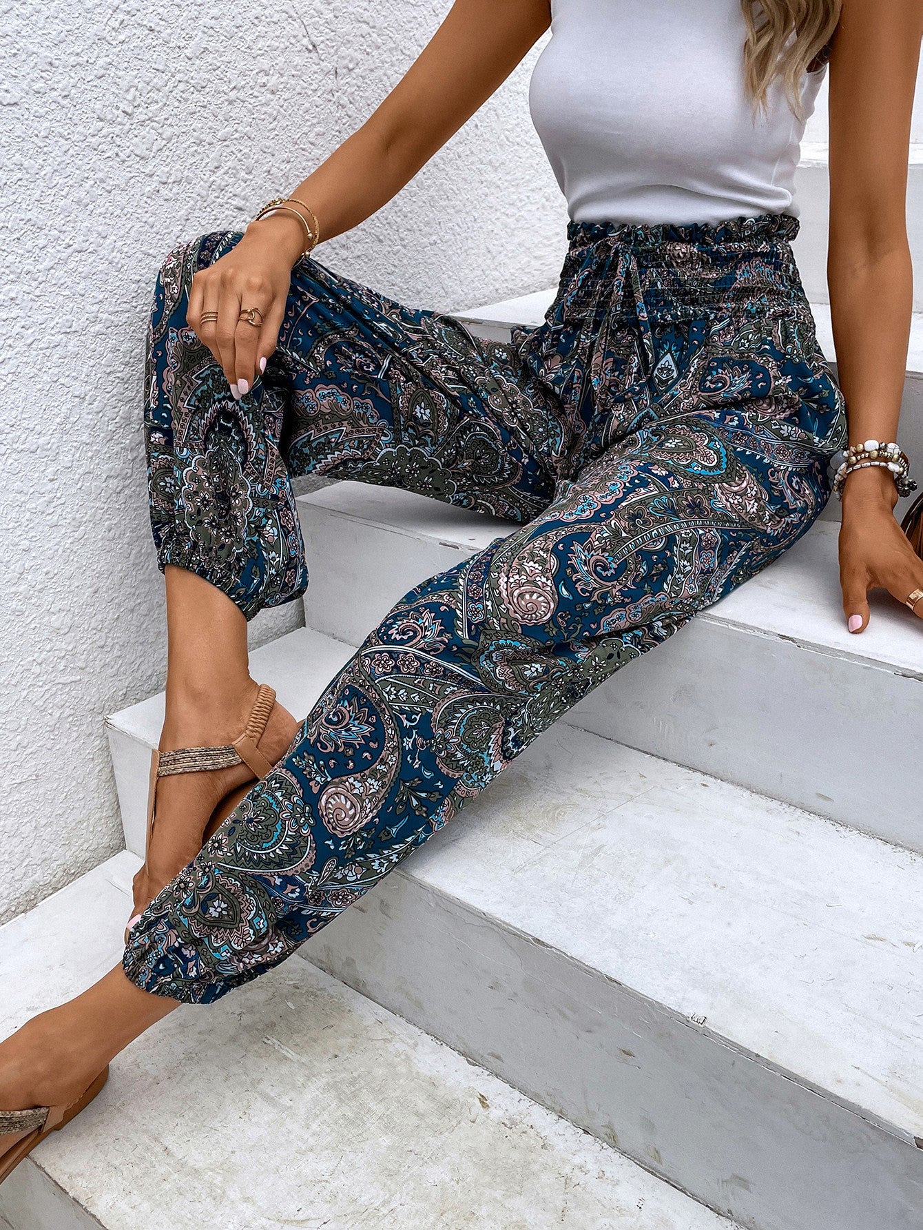 Paisley Print Smocked High-Waist Pants [Spirit and Rebel]   