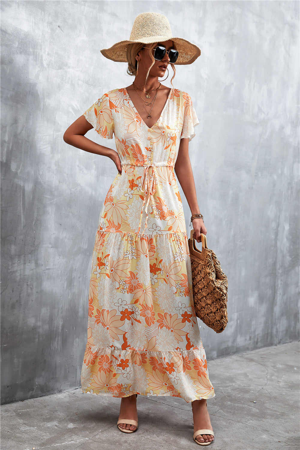 Floral Buttoned Drawstring Waist Tiered Boho Dress [Spirit and Rebel]   