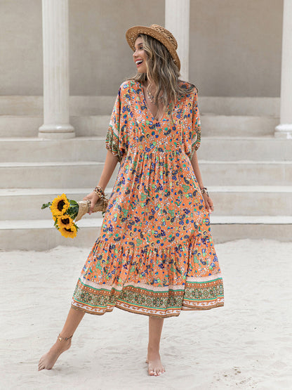 Printed V-Neck Short Sleeve Maxi Dress [Spirit and Rebel]   