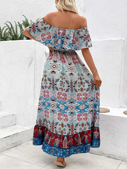 Printed Off-Shoulder Slit Maxi Dress [Spirit and Rebel]   