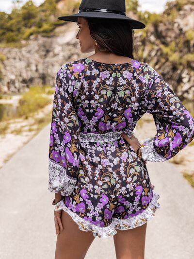 Printed Frill Half Button Balloon Sleeve Romper [Spirit and Rebel]   