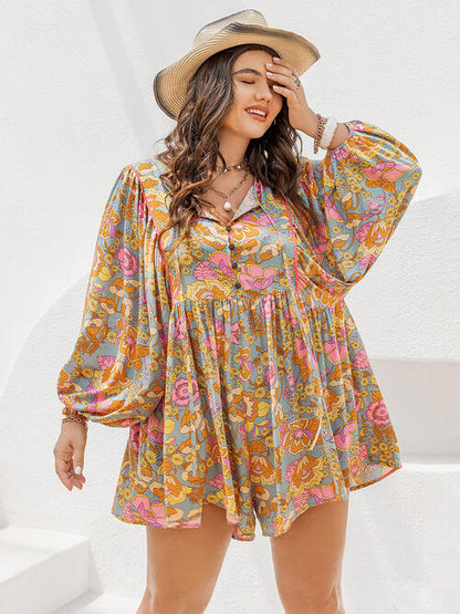 Plus Size Floral Tie Neck Balloon Sleeve Romper [Spirit and Rebel]   