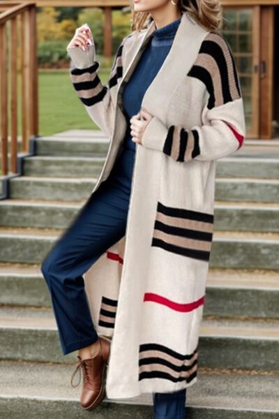 Striped Open Front Long Sleeve Longline Sweater Cardigan [Spirit and Rebel]   