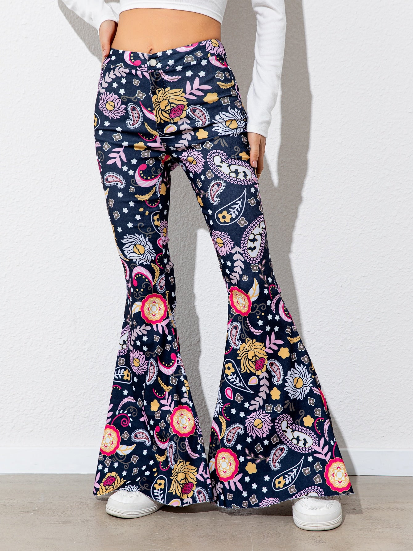 Floral High Waist Flare Leg Boho Pants [Spirit and Rebel] Floral S 