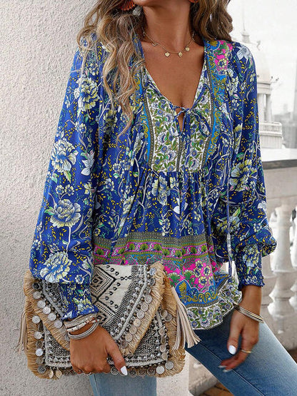 Bohemian Tie Neck Lantern Sleeve Blouse [Spirit and Rebel]   