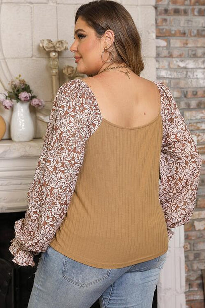 Plus Size Floral Square Neck Flounce Sleeve Blouse [Spirit and Rebel]   