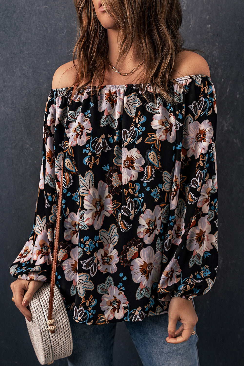 Floral Off-Shoulder Balloon Sleeve Hippie Clothes Blouse [Spirit and Rebel] Black S 