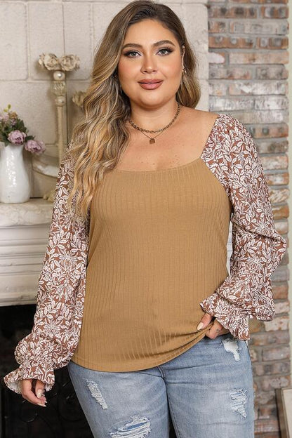 Plus Size Floral Square Neck Flounce Sleeve Blouse [Spirit and Rebel]   