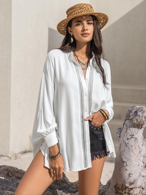 Boho Chic  Openwork Button Up Long Sleeve Shirt [Spirit and Rebel] White S 