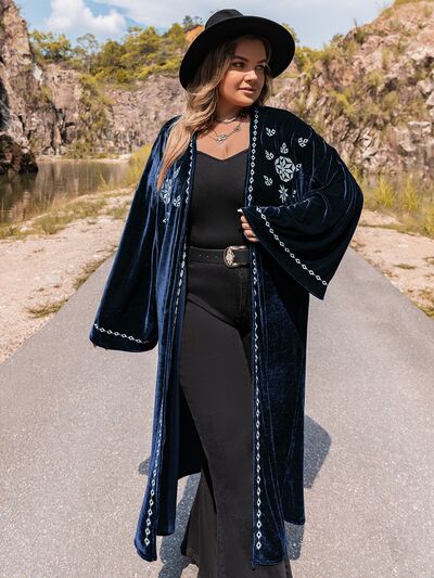 Boho Plus Size Embroidery Open Front Long Sleeve Cardigan [Spirit and Rebel]   