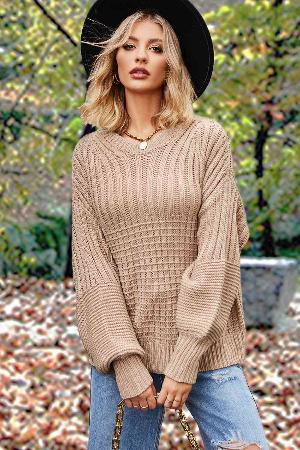 Round Neck Lantern Sleeve Sweater [Spirit and Rebel] Tan S 