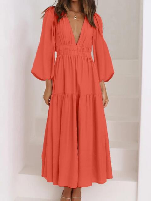 Deep V-Neck Balloon Sleeve Plain Maxi Dress [Spirit and Rebel] Strawberry S 