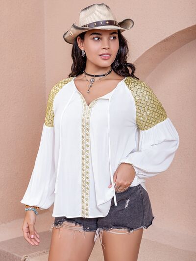 Boho Plus Size Sequin Tie Neck Dropped Shoulder Blouse [Spirit and Rebel] White 0XL 