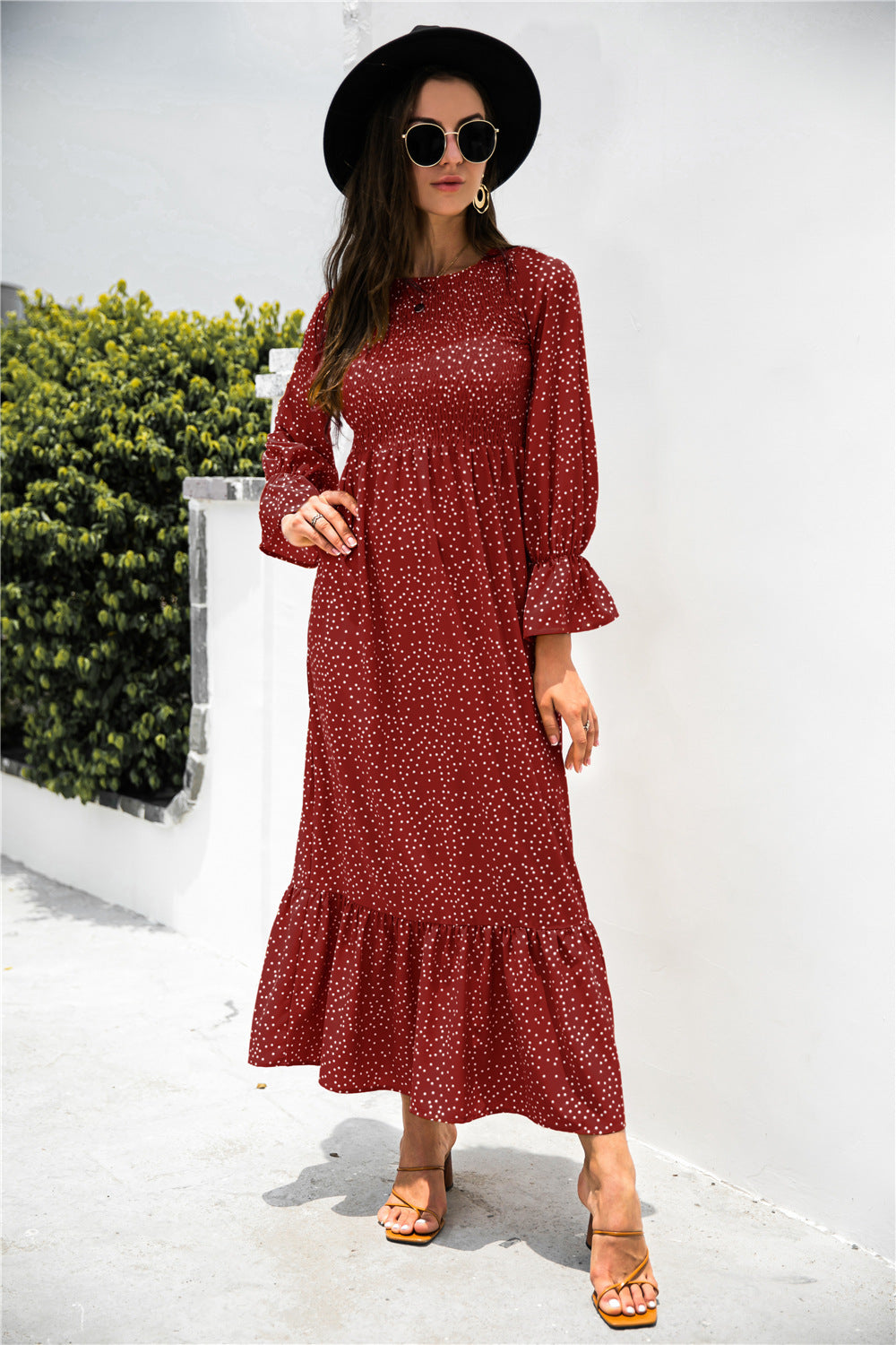 Printed Puff Sleeve Ruffle Boho Maxi Dress [Spirit and Rebel] Red S 