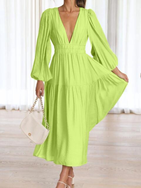 Deep V-Neck Balloon Sleeve Plain Maxi Dress [Spirit and Rebel]   