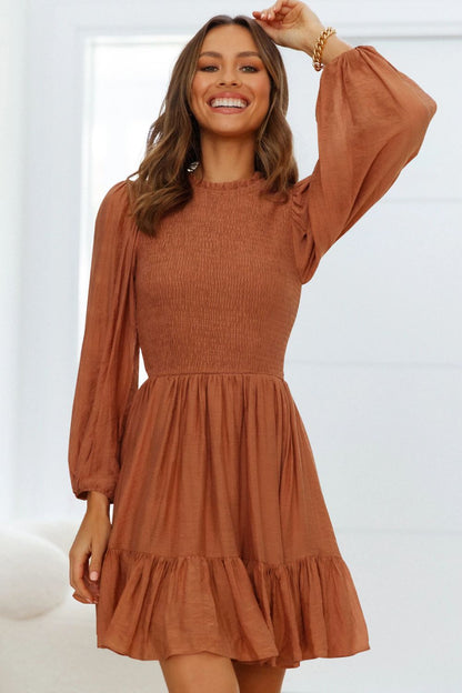 Smocked Balloon Sleeve Ruffle Hem Dress [Spirit and Rebel] Terracotta S 