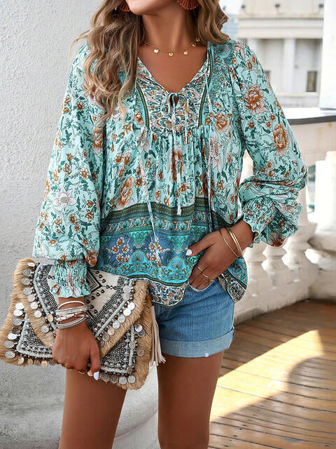 Bohemian Tie Neck Lantern Sleeve Blouse [Spirit and Rebel]   