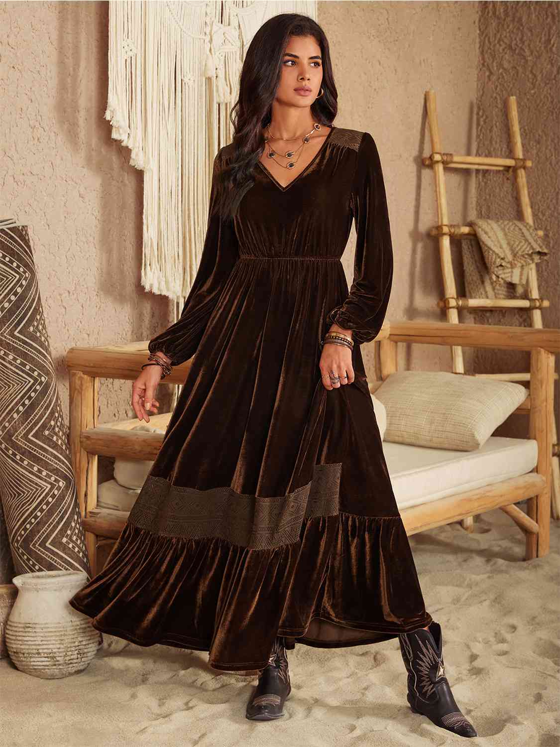 Ruffled V-Neck Long Sleeve Dress [Spirit and Rebel] Chocolate S 