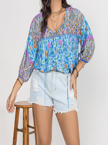 Boho Chic  Plus Size Printed Tie Neck Balloon Sleeve Blouse [Spirit and Rebel]   