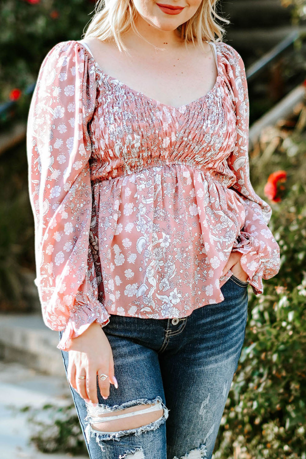 Plus Size Floral Smocked Flounce Sleeve Boho Blouse [Spirit and Rebel]   