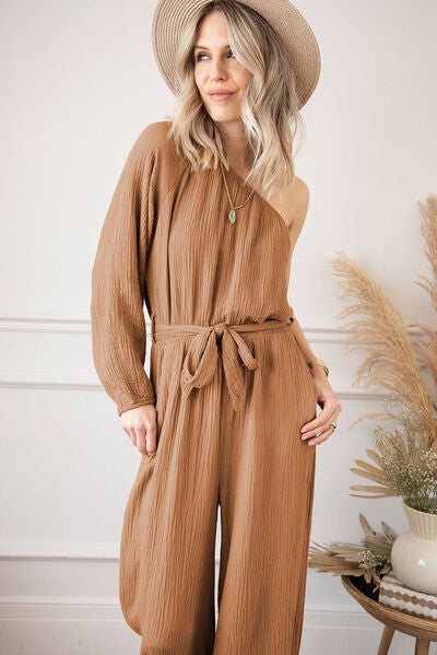 Texture Single Shoulder Tie-Waist Jumpsuit [Spirit and Rebel]   