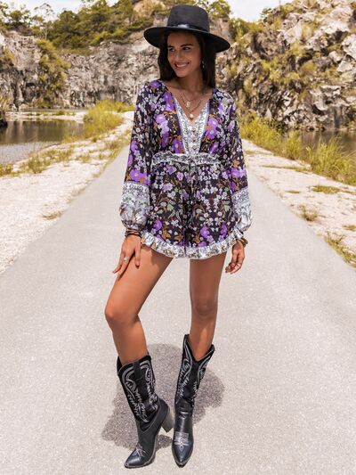 Printed Frill Half Button Balloon Sleeve Romper [Spirit and Rebel]   