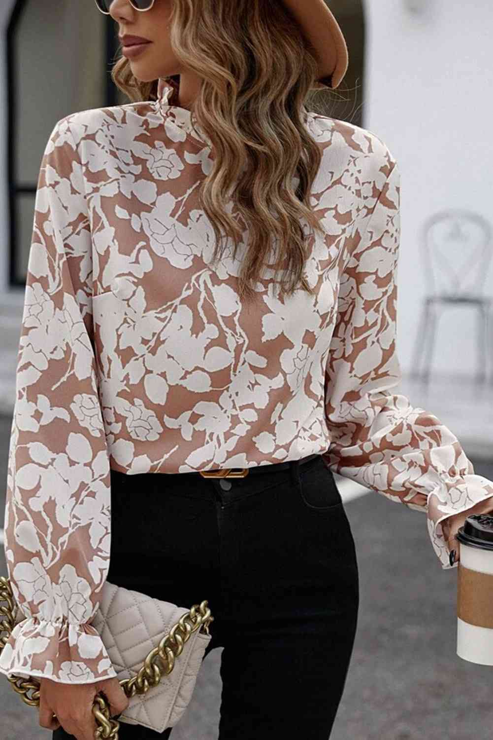 Floral Print Mock Neck Flounce Sleeve Blouse [Spirit and Rebel]   