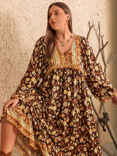 Plus Size Printed V-Neck Balloon Sleeve Dress [Spirit and Rebel]   