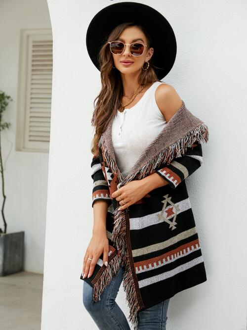 Boho Chic  Fringe Geometric Hooded Long Sleeve Cardigan [Spirit and Rebel]   