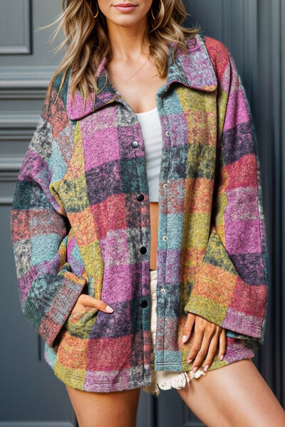 Plaid Pocketed Snap Down Jacket [Spirit and Rebel] Multicolor S 