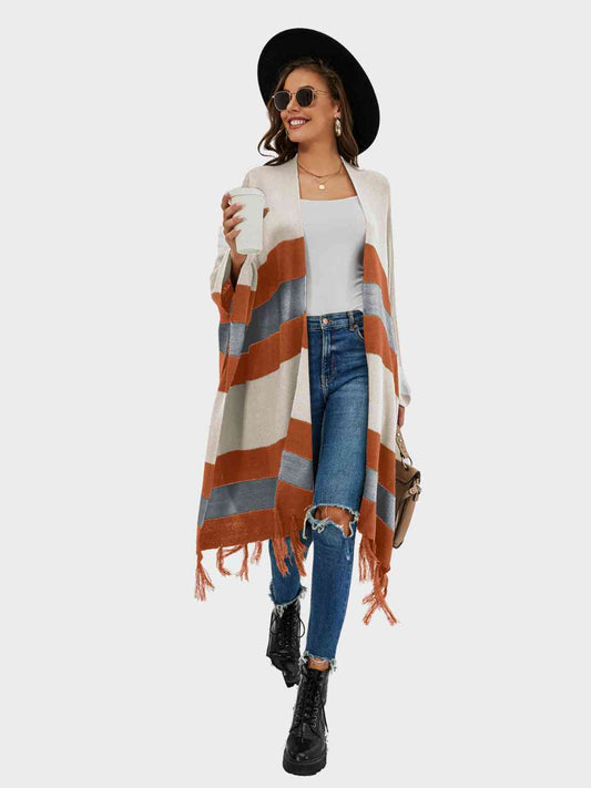 Striped Open Front Fringe Cardigan [Spirit and Rebel] White S 