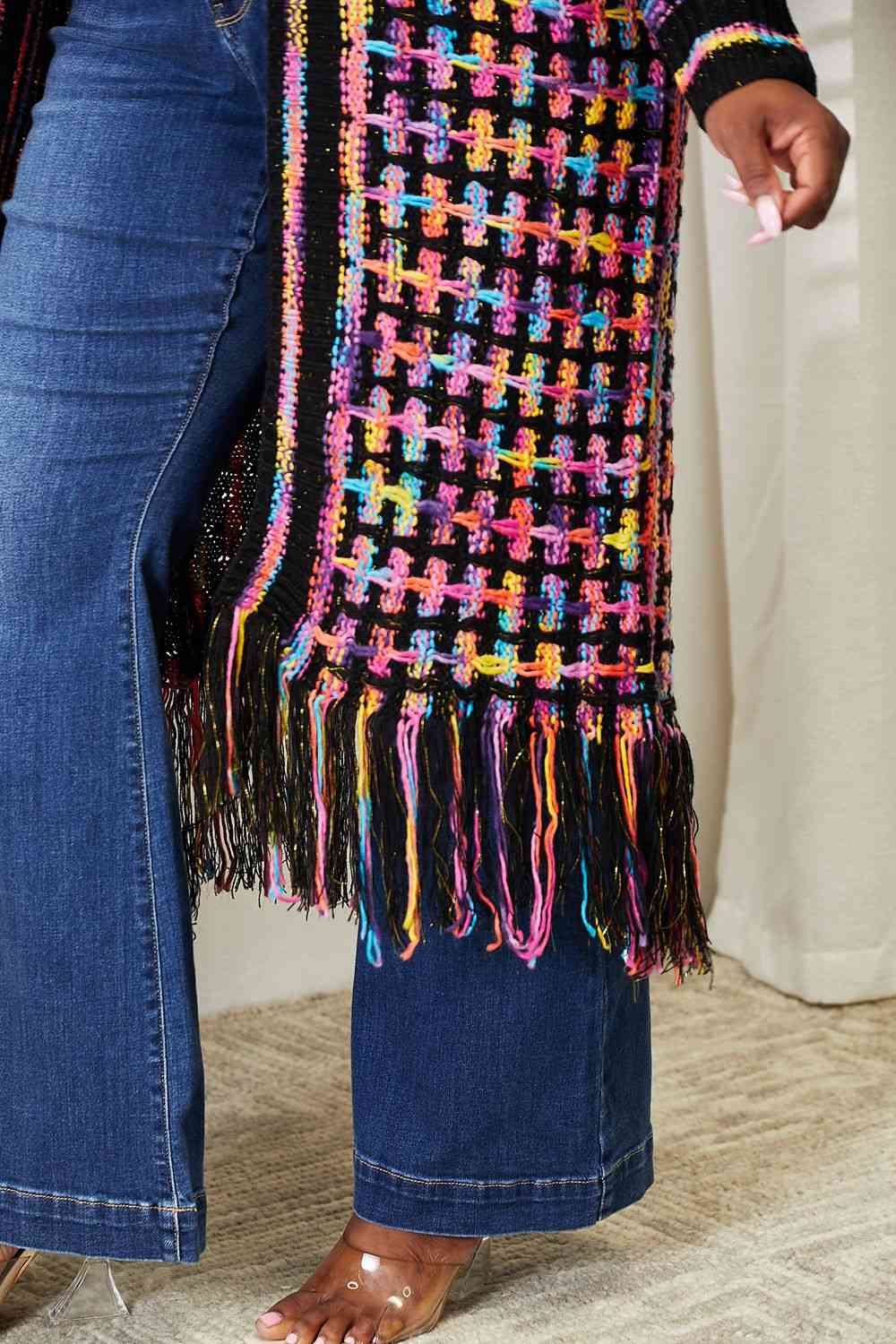 Double Take Full Size Multicolored Open Front Fringe Hem Cardigan [Spirit and Rebel]   