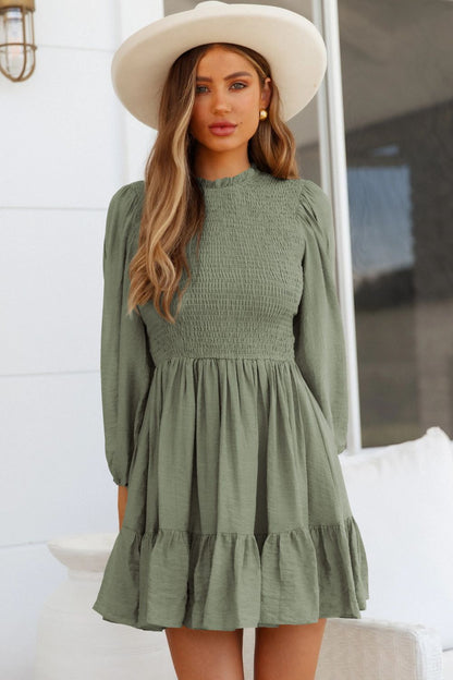 Smocked Balloon Sleeve Ruffle Hem Dress [Spirit and Rebel] Sage S 