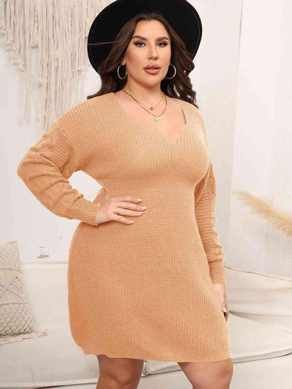 Plus Size Dropped Shoulder Long Sleeve Knit Mini Dress [Spirit and Rebel]   