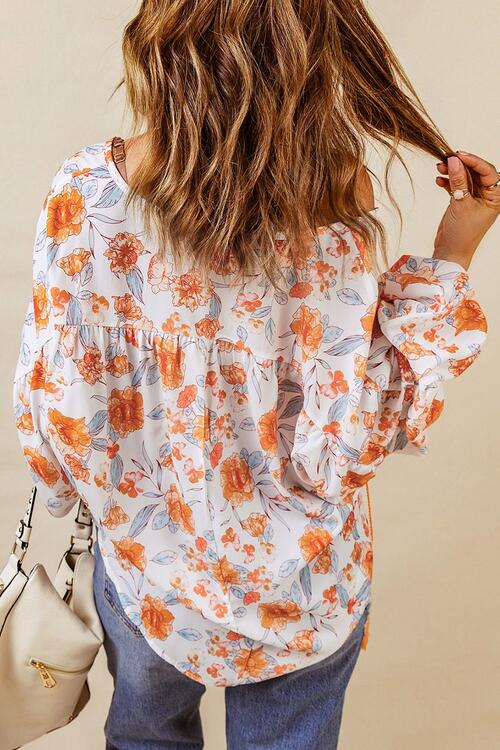 Floral Tie Neck Balloon Sleeve Blouse [Spirit and Rebel]   