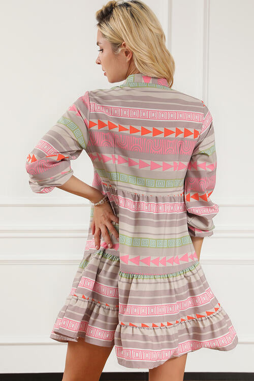 Tiered Notched Balloon Sleeve Buttoned Dress [Spirit and Rebel]   