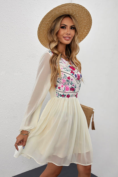 White Boho Floral Mesh Sleeve Lined Dress [Spirit and Rebel]   