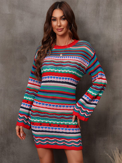 Boho Multicolored Stripe Dropped Shoulder Sweater Dress [Spirit and Rebel] Green S 