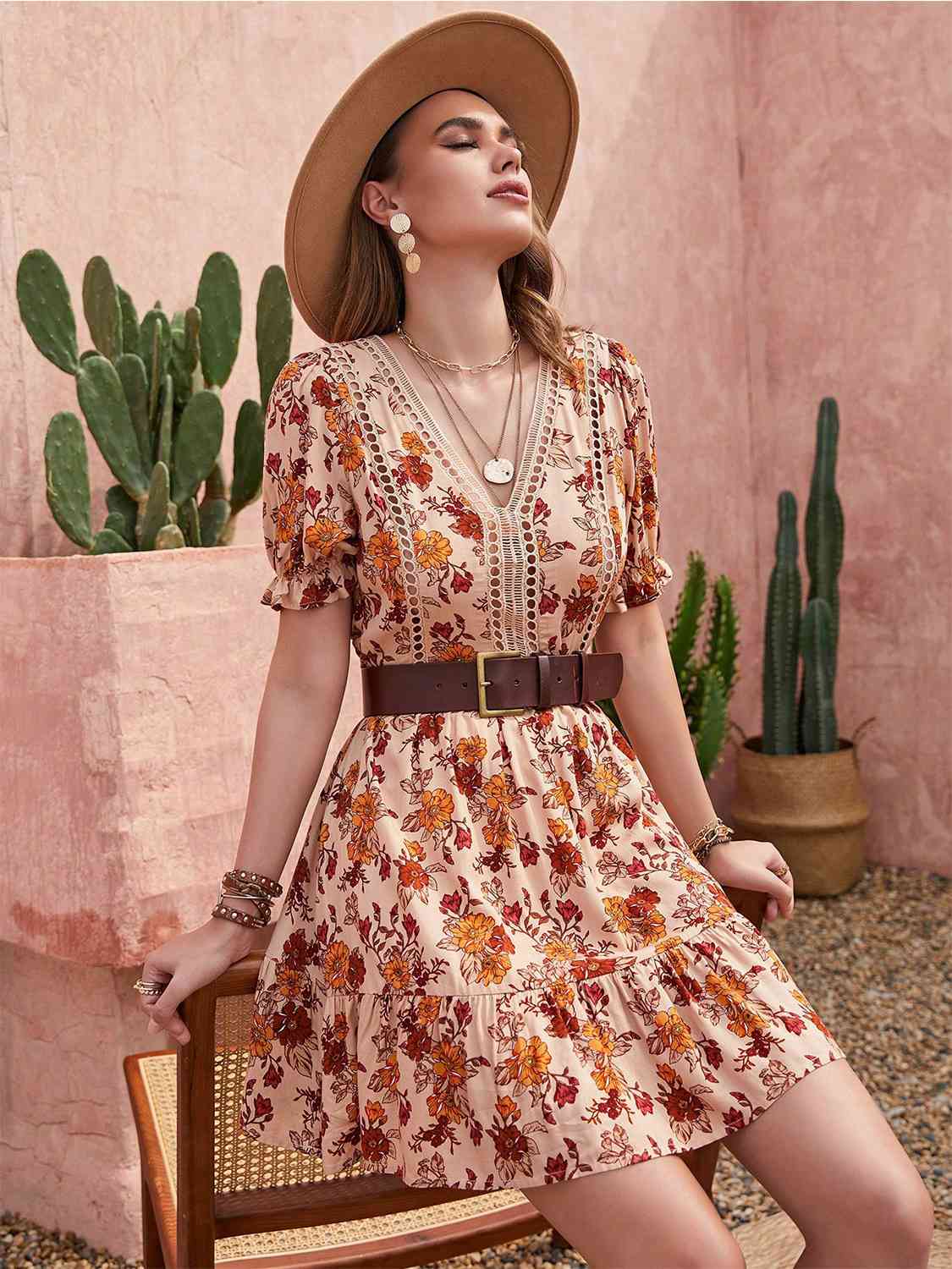 Floral V-Neck Flounce Sleeve Ruffle Hem Dress [Spirit and Rebel] Sherbet XS 