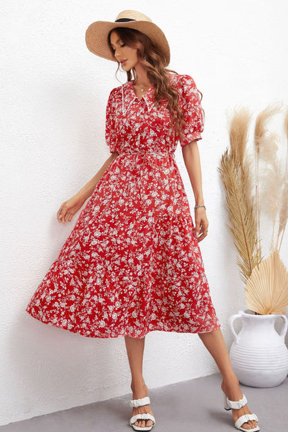 Boho Chic Floral Tie Waist Puff Sleeve Midi Dress [Spirit and Rebel]   