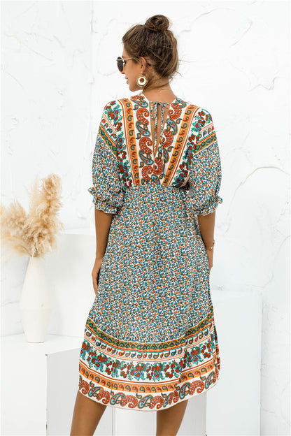 Printed Bohemian V Neck Dress [Spirit and Rebel]   