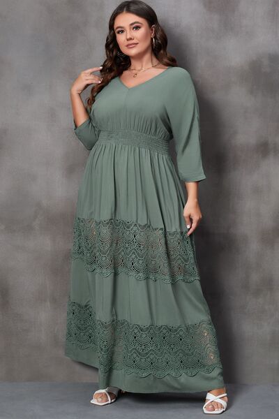 Plus Size Tied V-Neck Smocked Crochet Maxi Dress [Spirit and Rebel]   