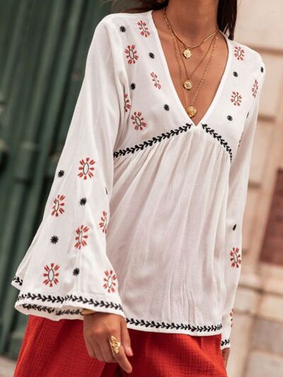 Embroidered V-Neck Long Sleeve Boho Blouse [Spirit and Rebel]   