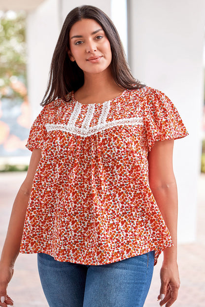 Plus Size Floral Lace Trim Round Neck Blouse [Spirit and Rebel]   