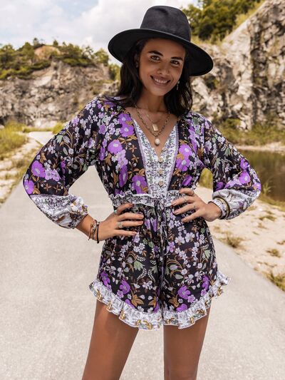 Printed Frill Half Button Balloon Sleeve Romper [Spirit and Rebel]   