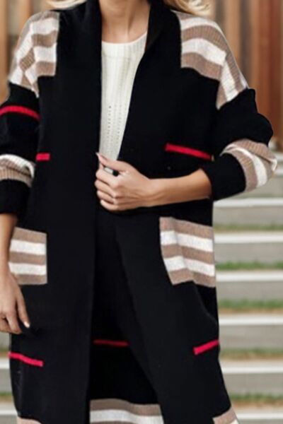 Striped Open Front Long Sleeve Longline Sweater Cardigan [Spirit and Rebel]   