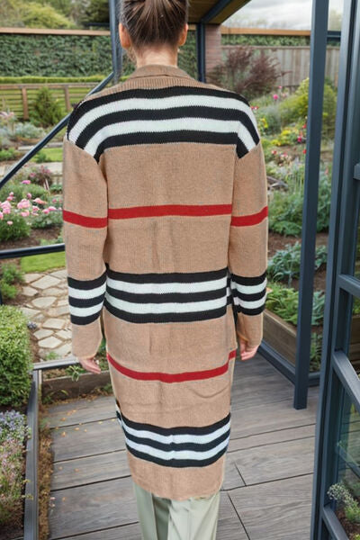 Striped Open Front Long Sleeve Longline Sweater Cardigan [Spirit and Rebel]   