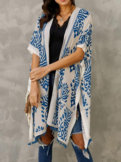 Printed Open Front Slit Cardigan [Spirit and Rebel] Peacock  Blue One Size 